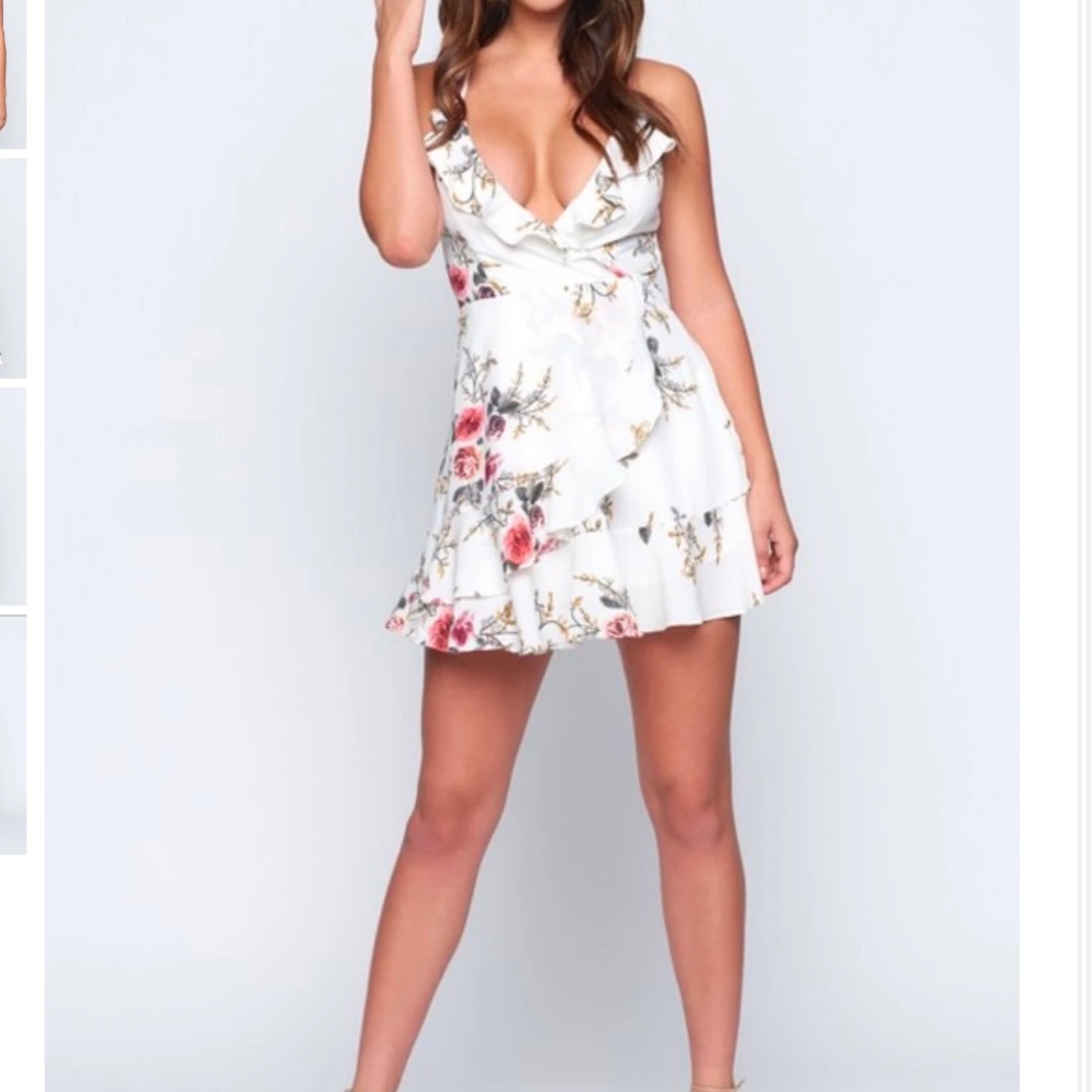 Hello Molly White floral ruffle wrap mini dress XS